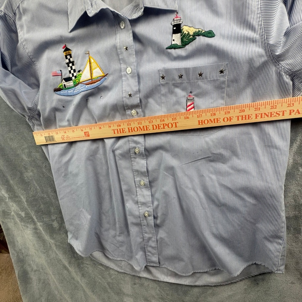 Nautical Lighthouse Embroidered Shirt XL Blue Stripe Coastal‎ Button Up Resort - Picture 10 of 13